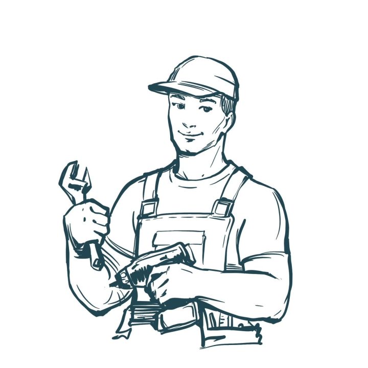 Handyman with wrench and hardhat illustration.