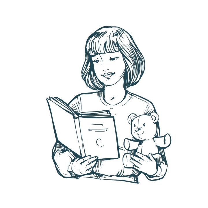 Girl reading book with teddy bear illustration.