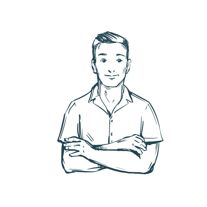 Man smiling in casual shirt, line drawing.