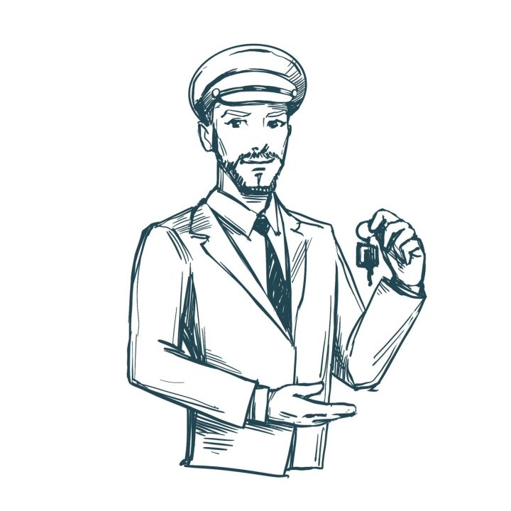 Sketch of a uniformed chauffeur holding car keys.