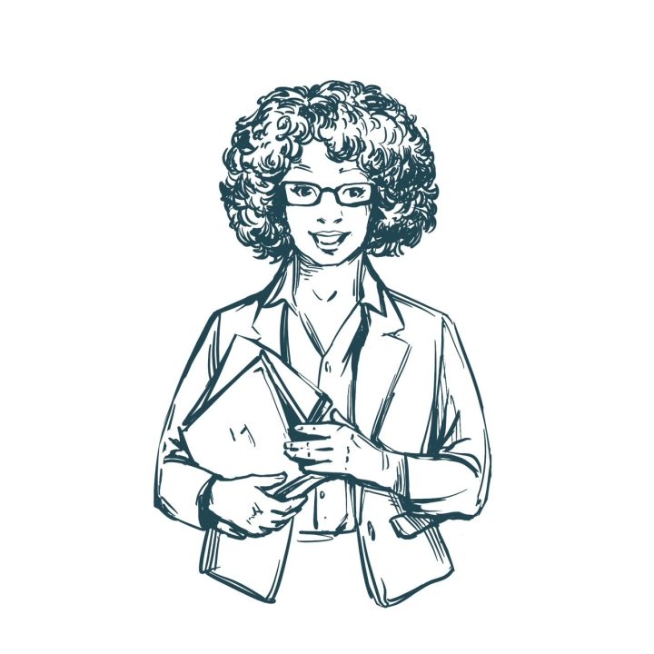 Illustration of professional woman holding book and smiling.