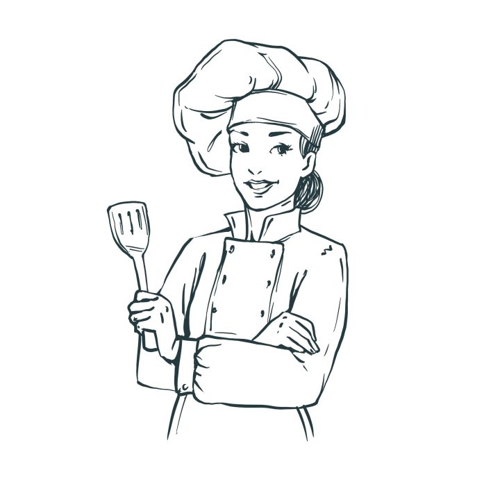 Female chef illustration with spatula.